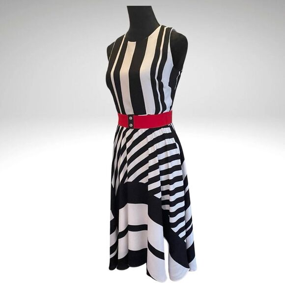 Danny & Nicole Black and White Asymmetrical Midi Dress w/ Red Snap Stretch Belt - Picture 4 of 14